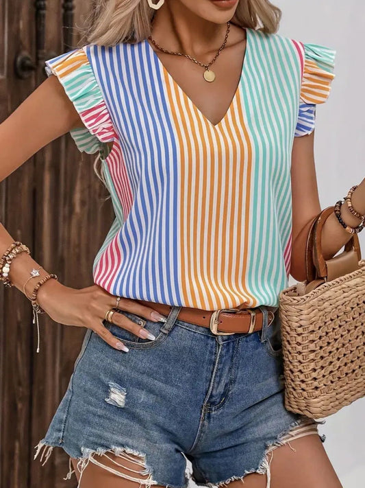 BLUSA DE VESTIR MANGA CORTA MULTICOLOR RAYADA Y CUELLO EN V