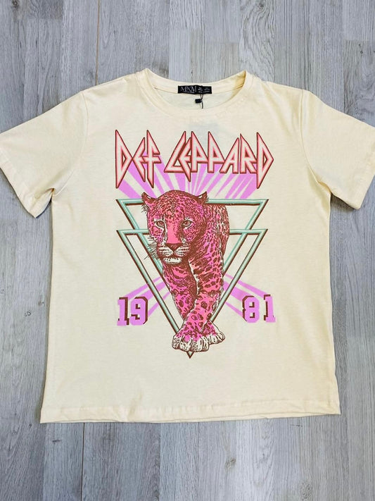 TSHIRT DEFLEPPARD BEIGE CON ESTAMPADO LEOPARDO ANIMAL PRINT ROSA