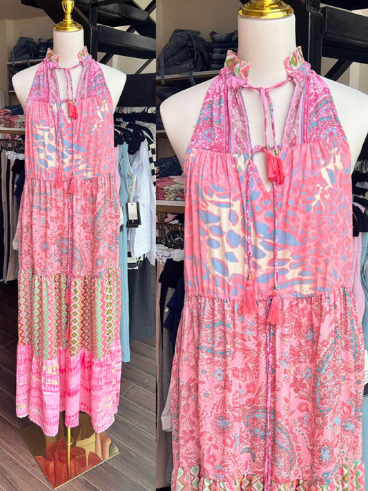 VESTIDO LARGO HINDÚ ROSA CON PRINT TIPO HANTER