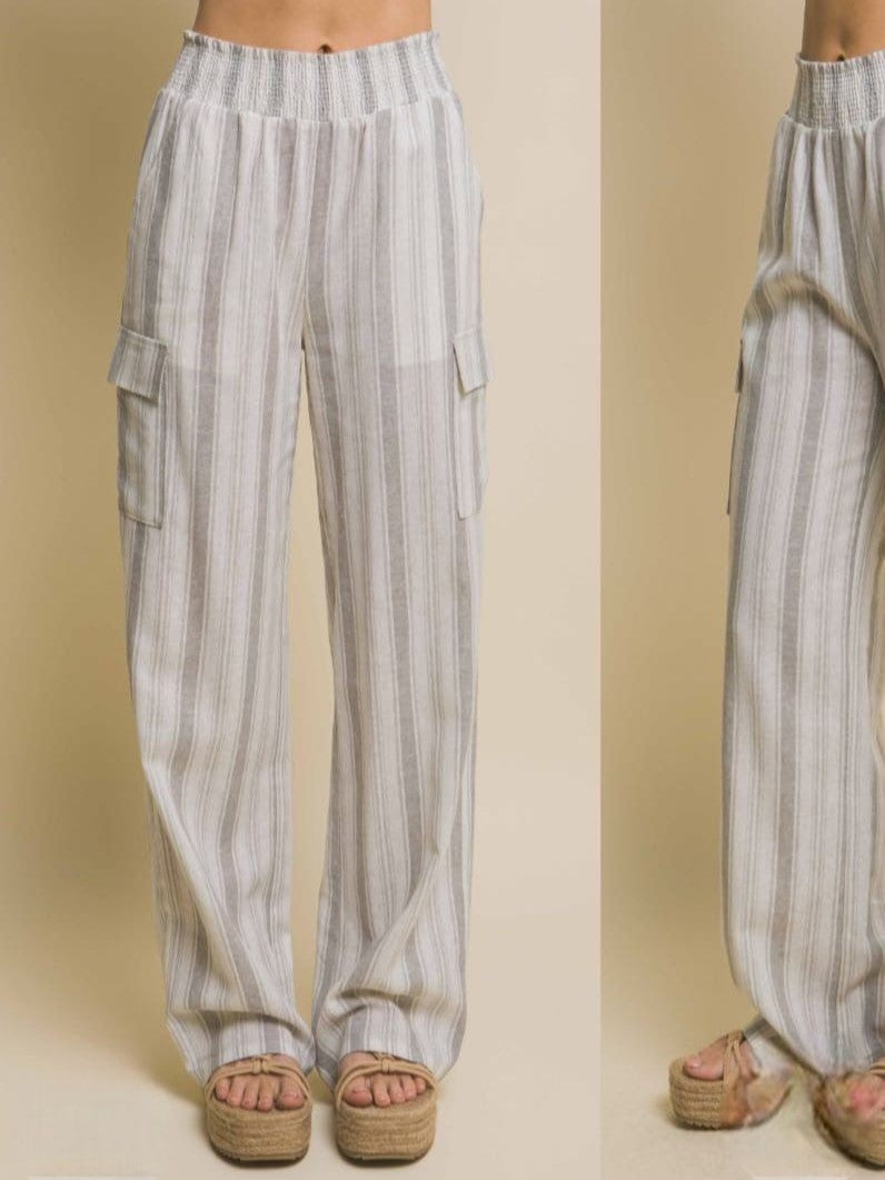 PANTALON TIPO CARGO DE LINO RAYAS BLANCO CON GRIS Y RESORTE EN CINTURA