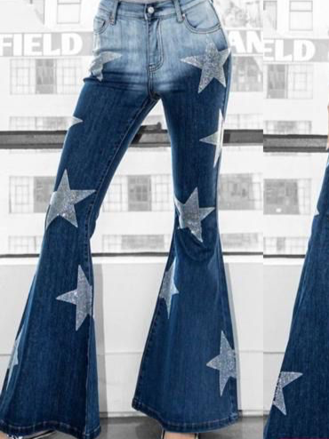 JEANS CAMPANA MEZCLILLA CON ESTRELLAS PLATA