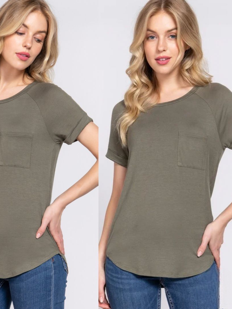 BLUSA CASUAL LISA VERDE OLIVO MANGA CORTA